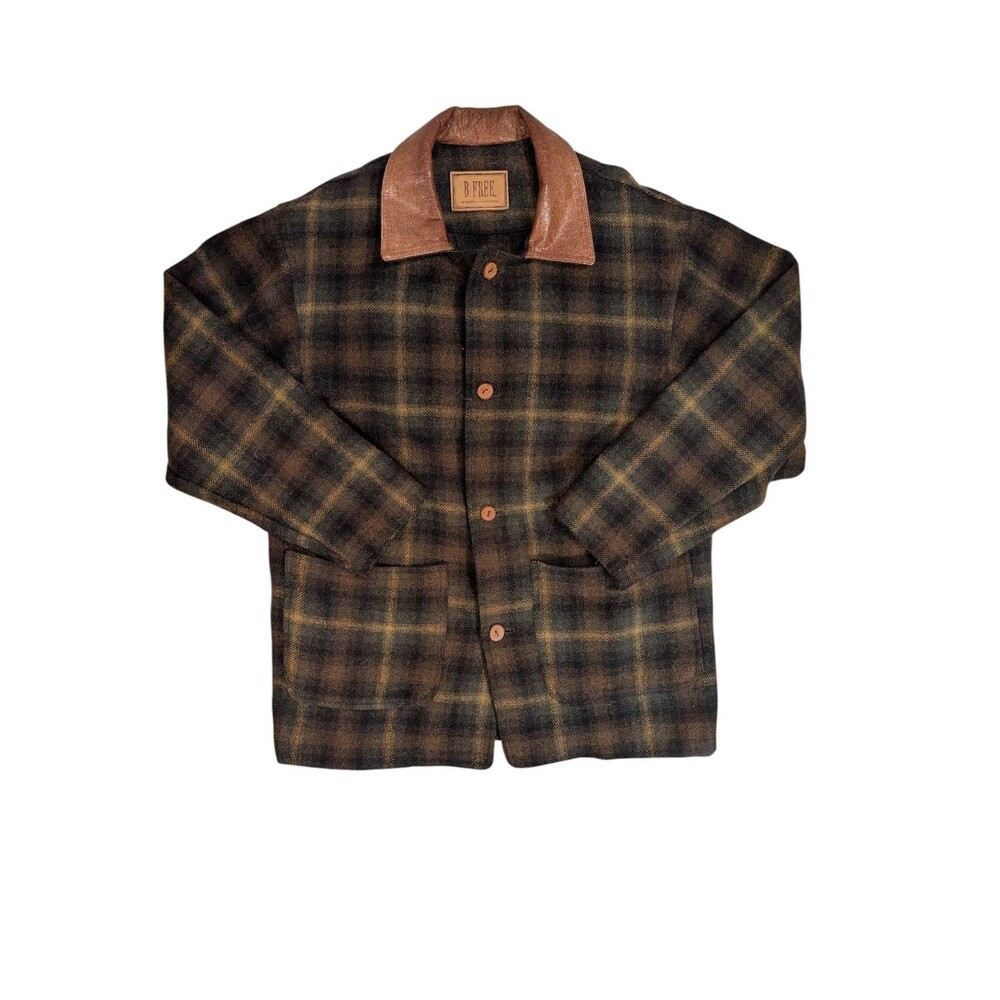 Vintage B Free Wool Plaid Coat Ranch Barn Jacket Leather Trim Made in USA XL